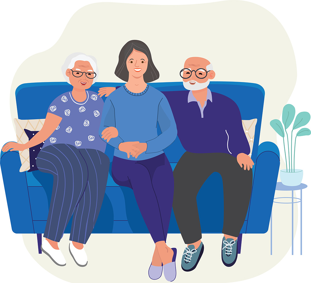 an illustration of a daughter with her two parent on the couch
