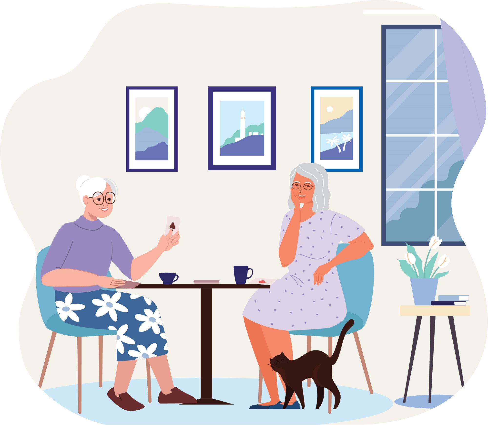 illustration of two aged care residents having tea